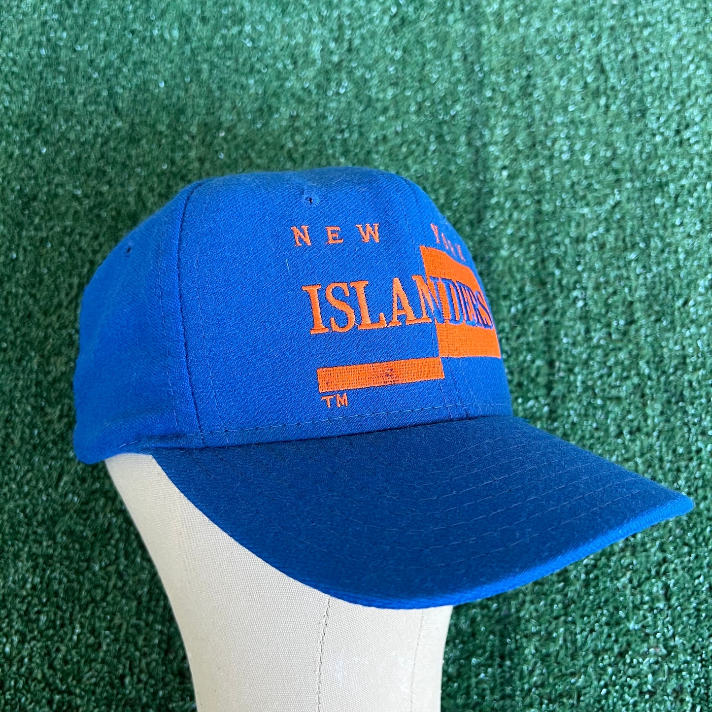 90s AJD NHL New York Islanders Script Spellout Blue Wool Snapback Hat