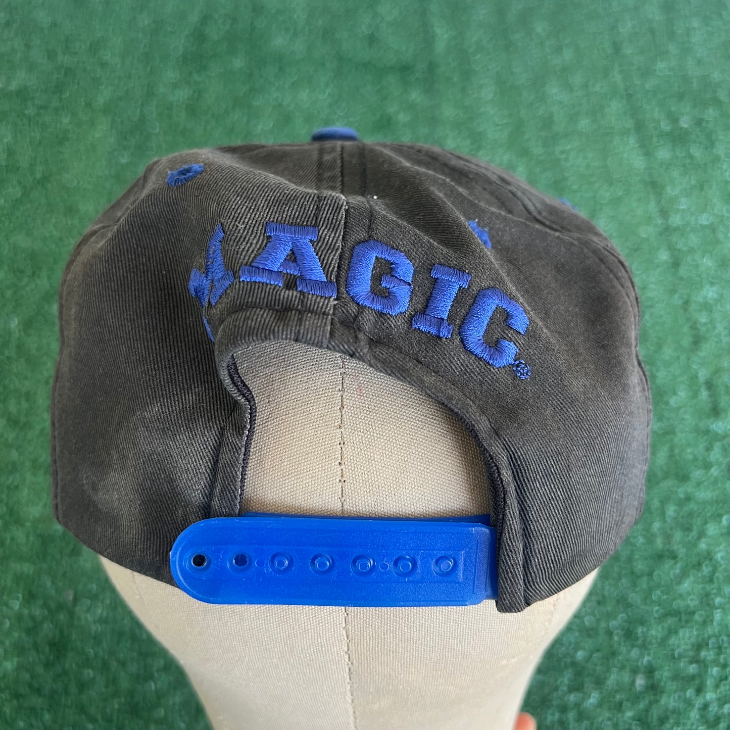 90s Logo 7 NBA Orlando Magic Script Spellout Faded Black Snapback Hat