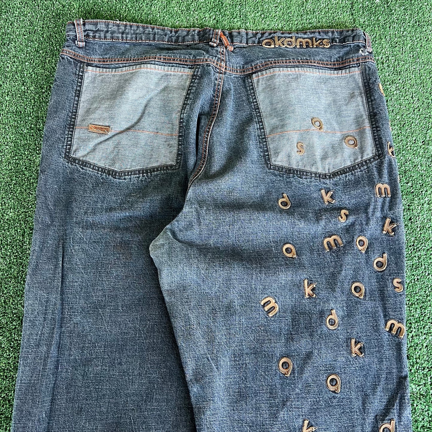 Y2K Akademiks Wide-Leg Alphabet Soup Blue Jeans 44x32" 20" Openings JNCO