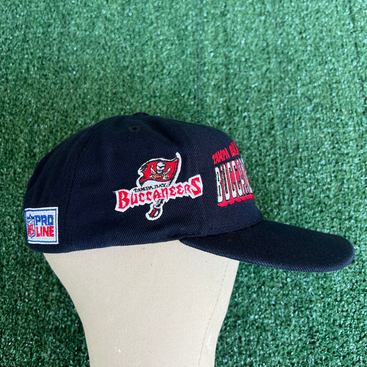 90s Sports Specialties NFL Tampa Bay Buccaneers Laser Grid Script Black Snapback Hat