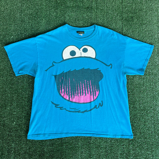 Y2K Sesame Street Cartoon Cookie Monster Big Face Blue T-Shirt - XL