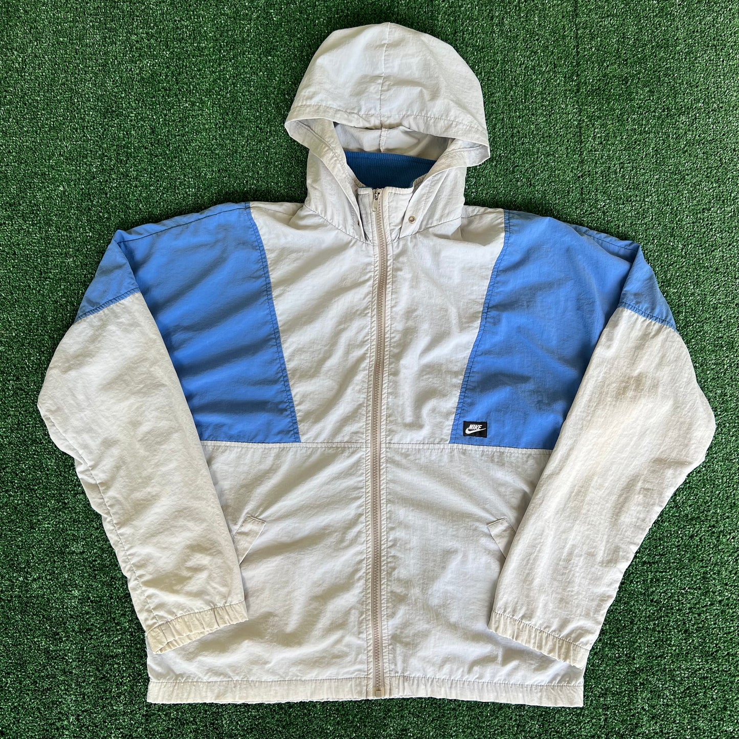 80s Nike Gray Blue Boxy Hooded Windbreaker Jacket - Large