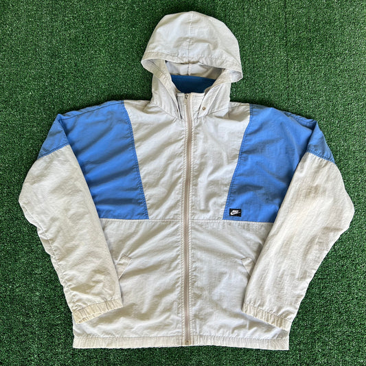 80s Nike Gray Blue Boxy Hooded Windbreaker Jacket - Large