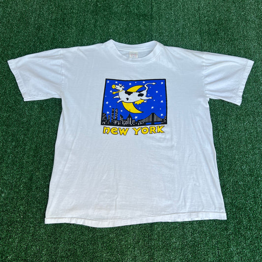 Vintage 90s Men's Cow Jumps Over The Moon New York City Tourist White T-Shirt - XL