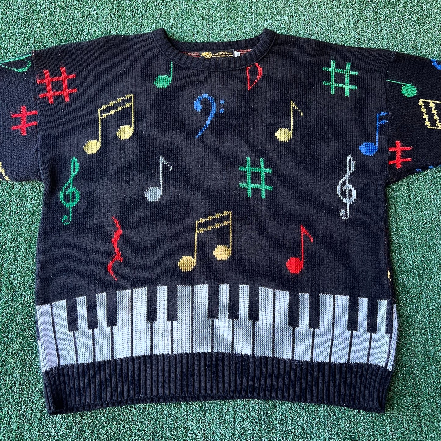 80s Albert Elovitz AOP All Over Knit Acrylic Piano Key Music Note Sweater - XL