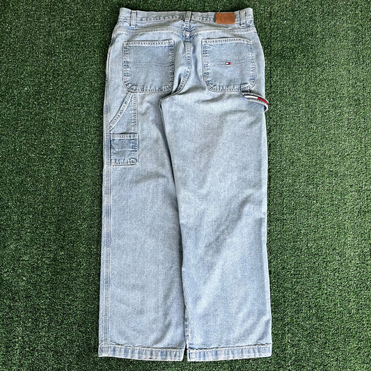 Y2K Tommy Hilfiger Baggy Carpenter Light Wash Blue Jeans - 33x29.75" 18" Opening