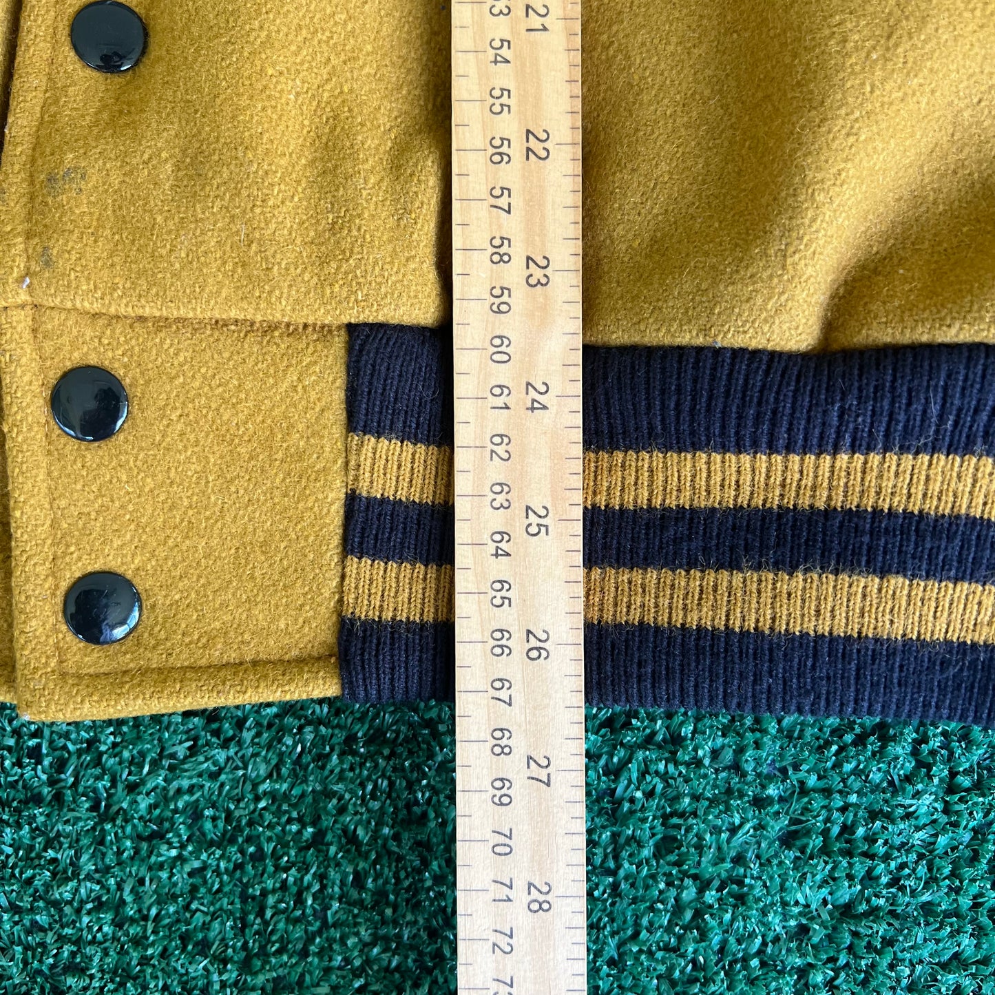 90s Tejas Wool Leather Varsity Jacket Band Patch Mustard Yellow Black - Large