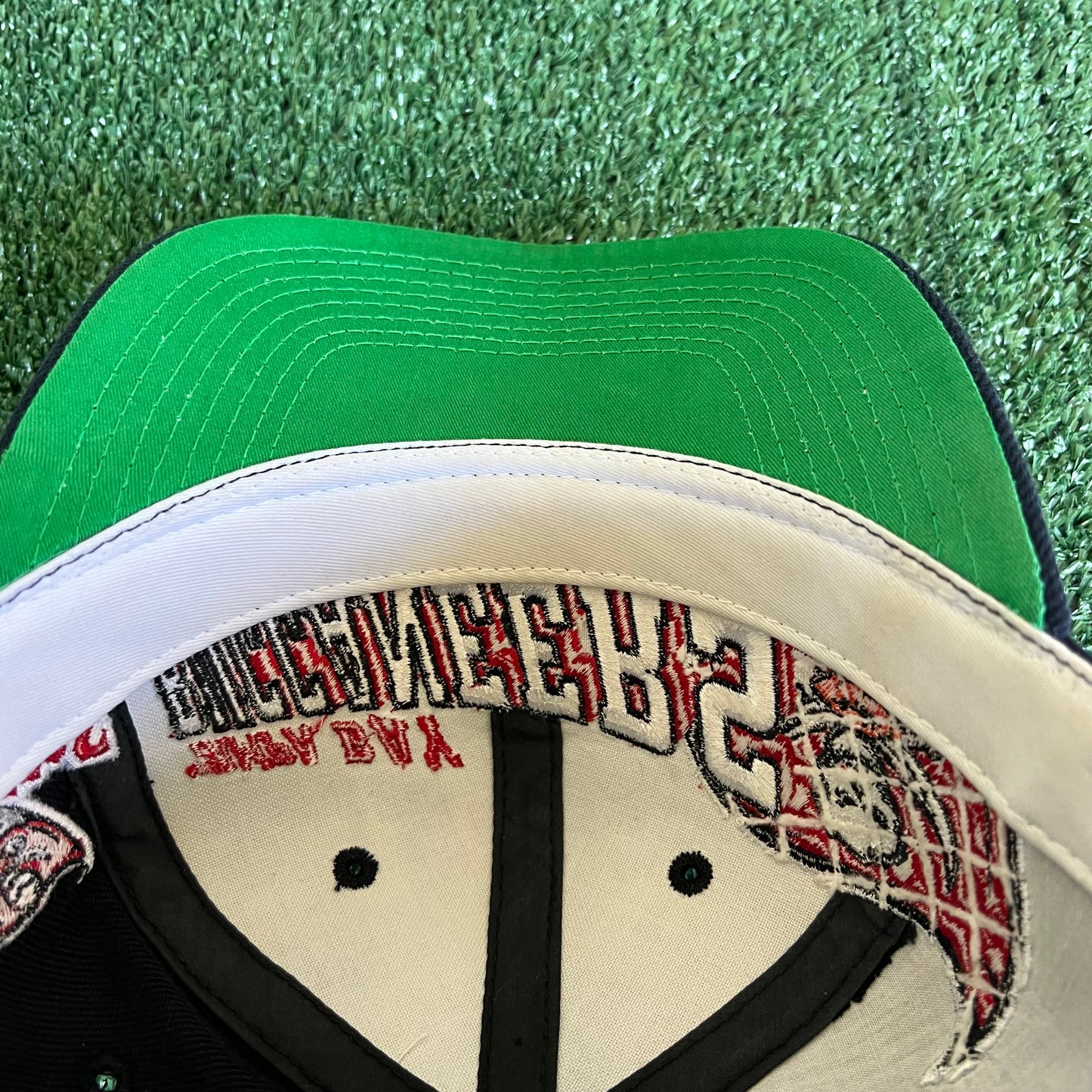 90s Sports Specialties NFL Tampa Bay Buccaneers Laser Grid Script Black Snapback Hat