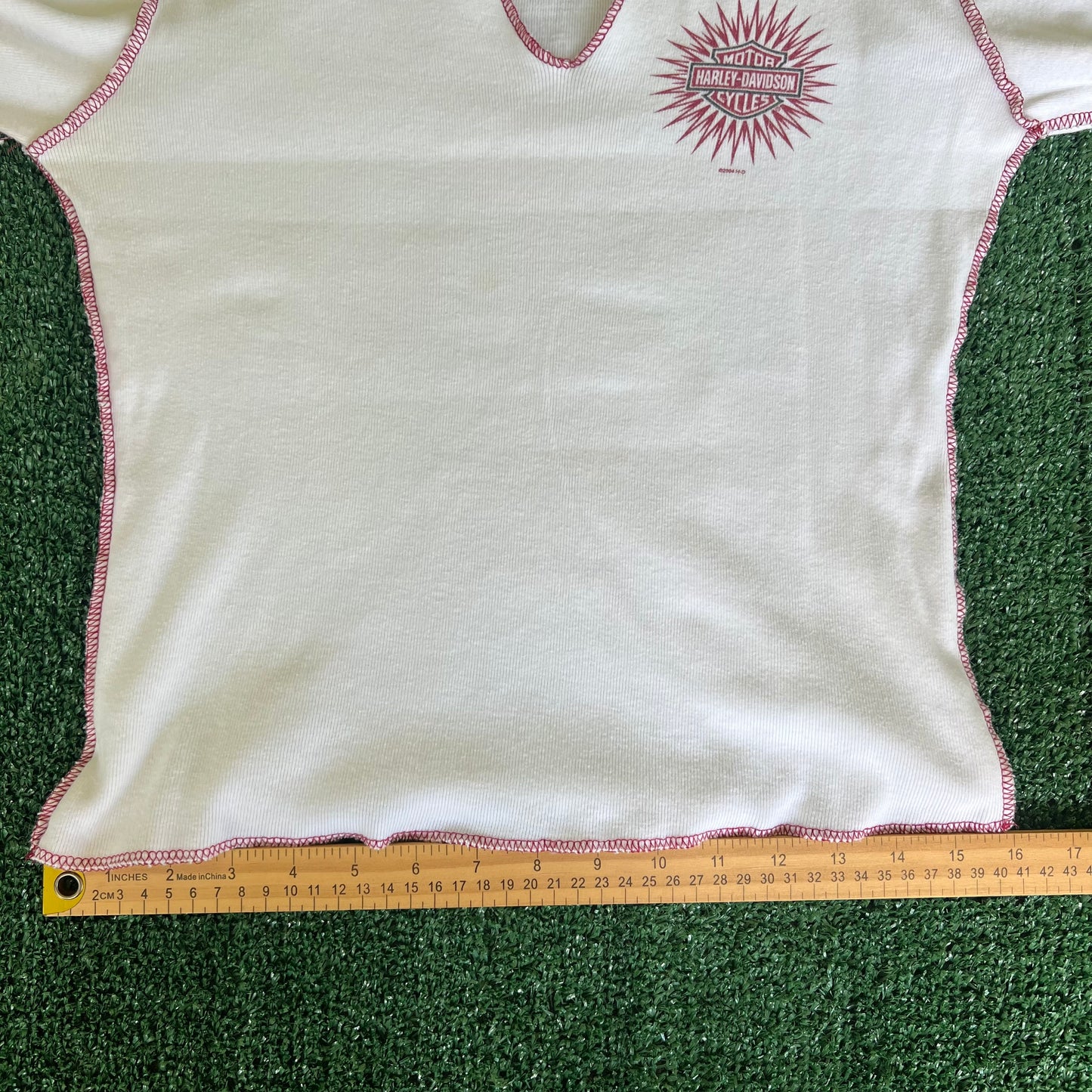 Women's Y2K Harley Davidson V-Neck White Dark Red Long Sleeve Shirt - Small