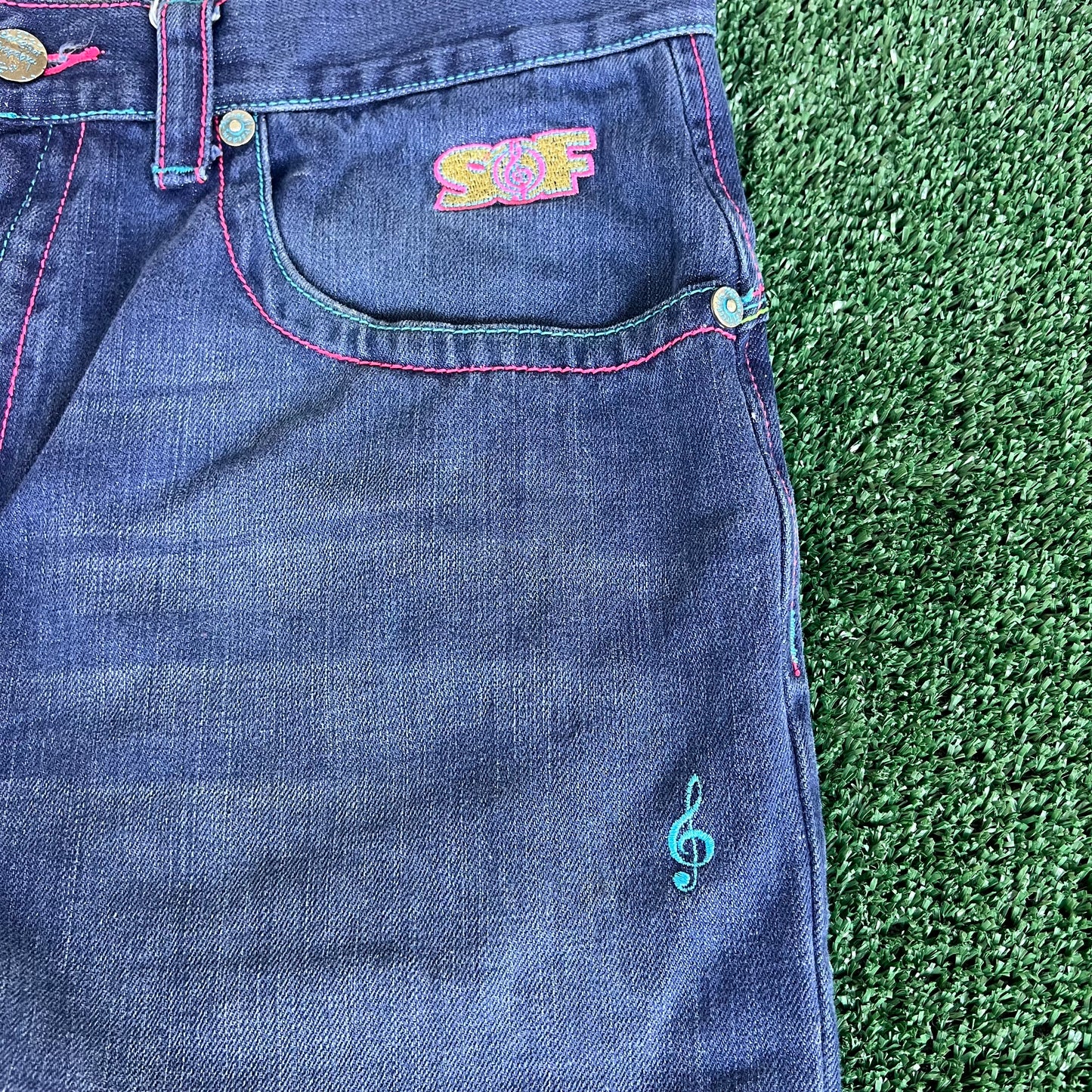 Y2K Songs Of Freedom Dark Blue Baggy Embroidered Jeans - 37x32" 20" Opening