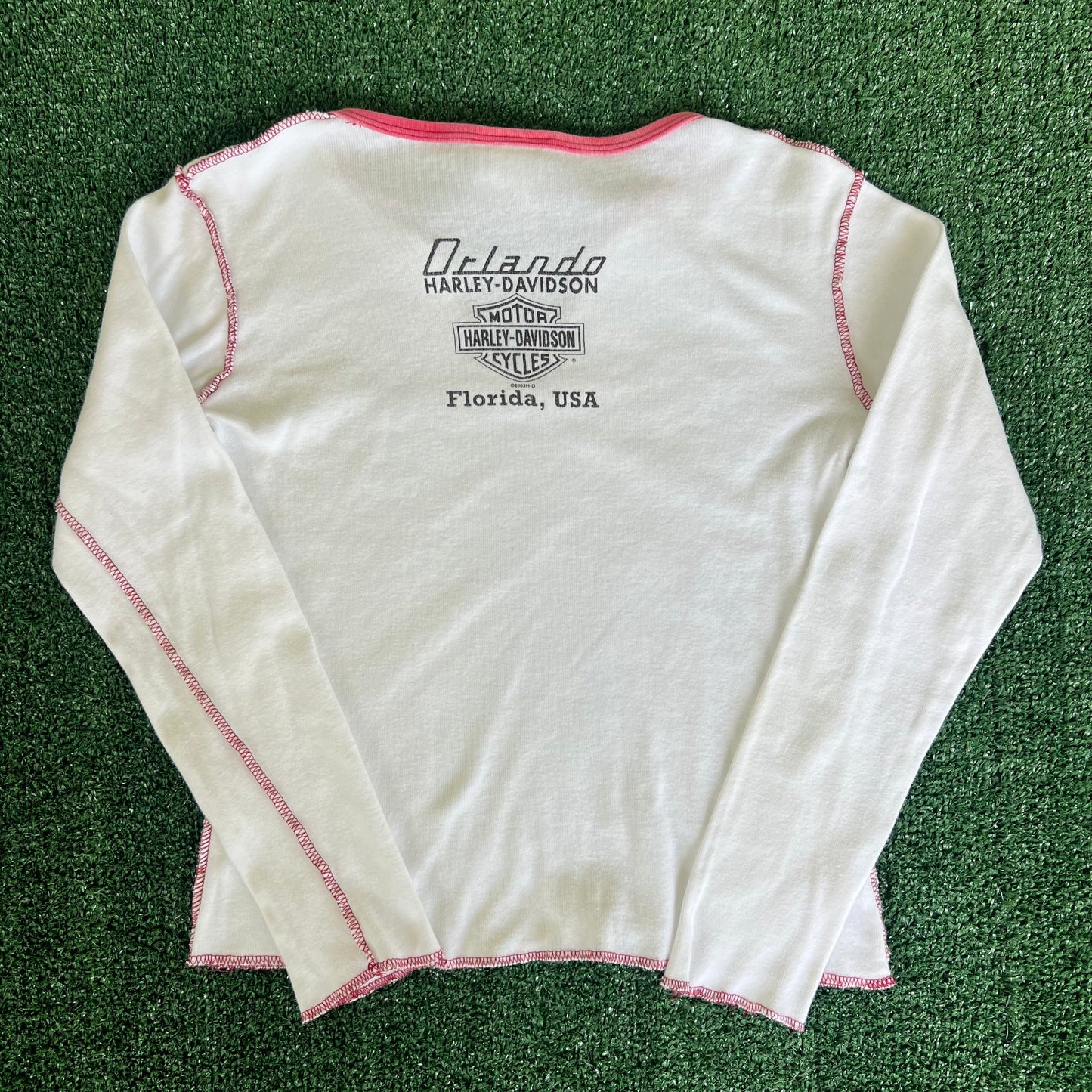Women's Y2K Harley Davidson V-Neck White Dark Red Long Sleeve Shirt - Small