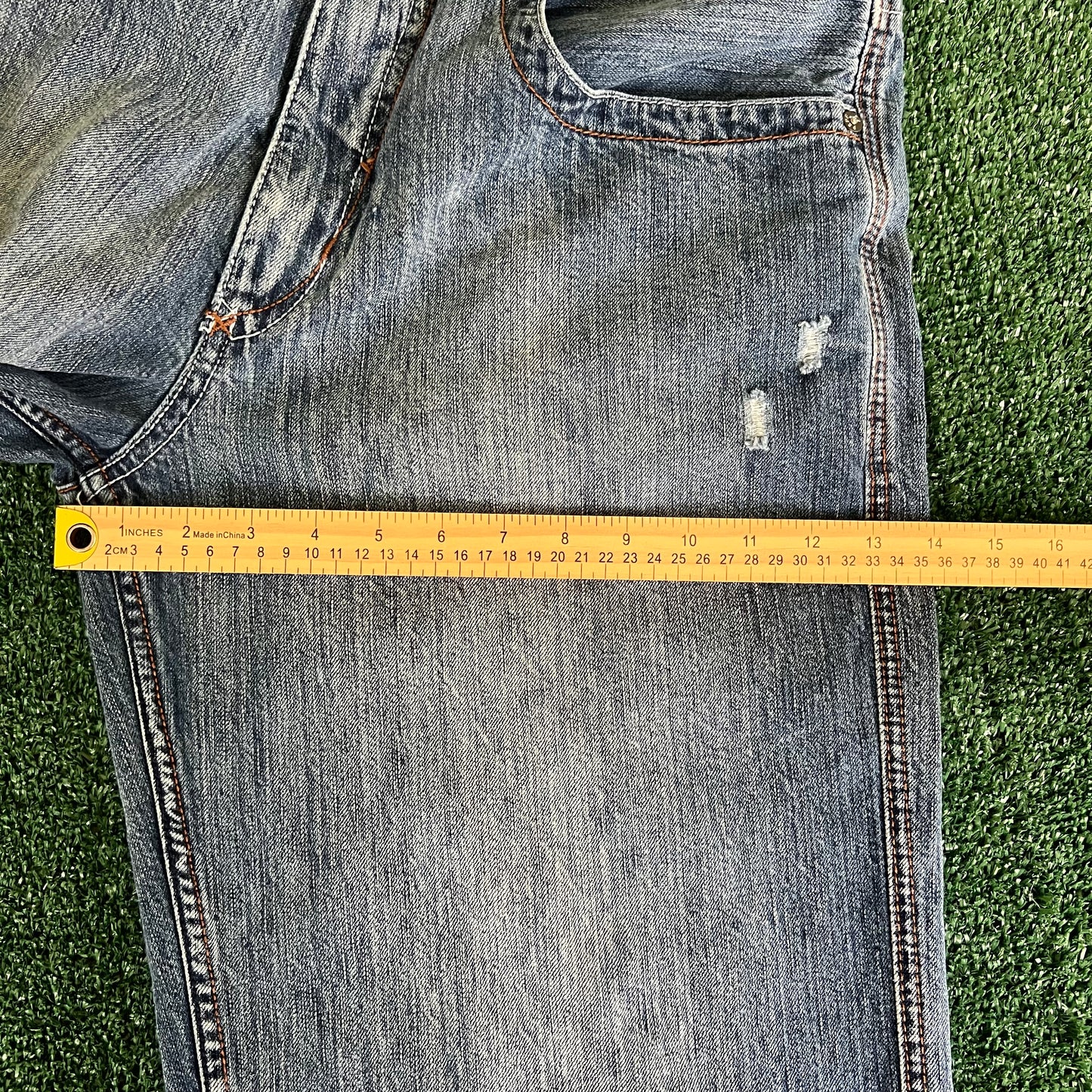 Y2K Pepe London Baggy Straight Medium Wash Blue Jeans Neon Green Embroidered - 35x31" 19.5" Openings