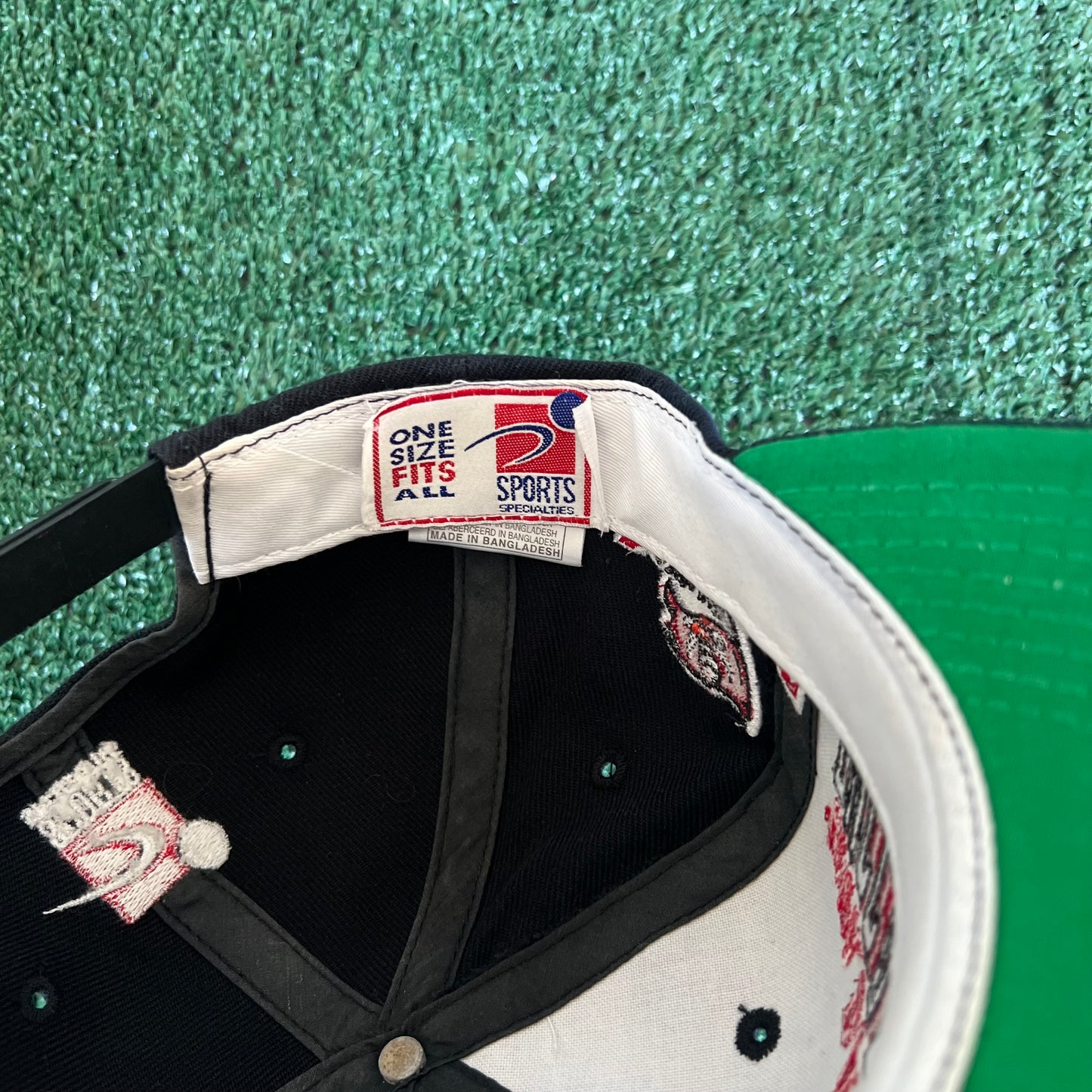 90s Sports Specialties NFL Tampa Bay Buccaneers Laser Grid Script Black Snapback Hat