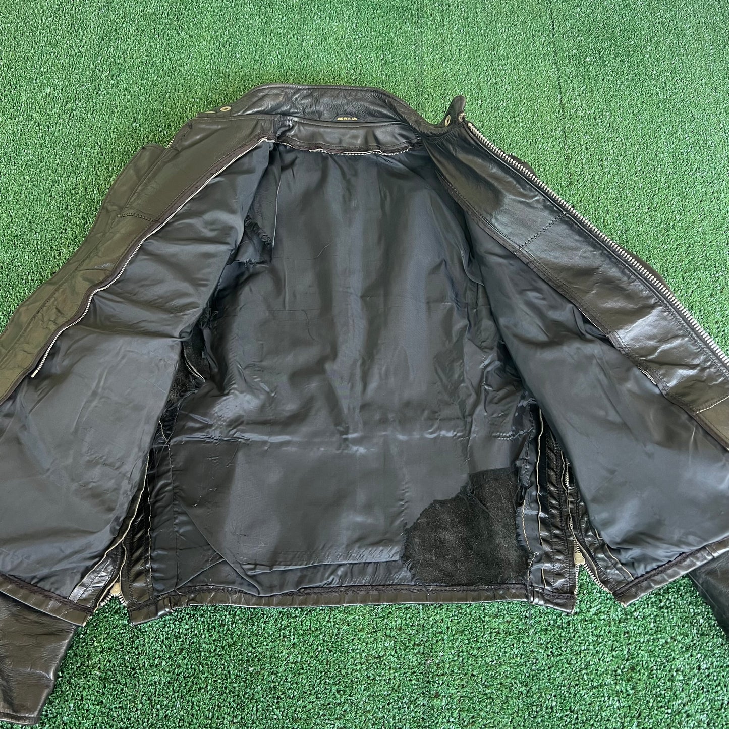 70s Mens 100% Genuine Thick Leather Black Motorcycle Jacket Medium 22x26
