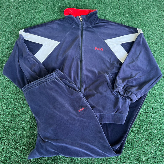 90s Fila Velour Track Suit Jacket & Pants Red Navy Blue XL - 36x25.5" USA