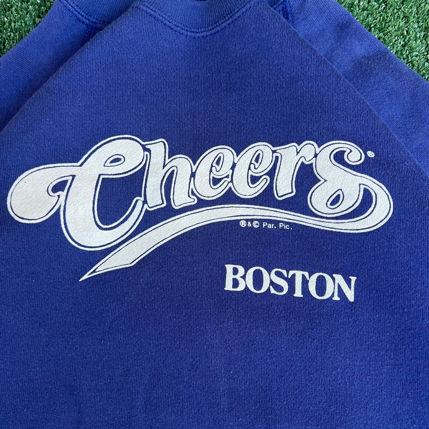 Vintage 80s Mens Cheers TV Show Boston Raglan Cut Boxy Blue Sweatshirt - XL 24x28"