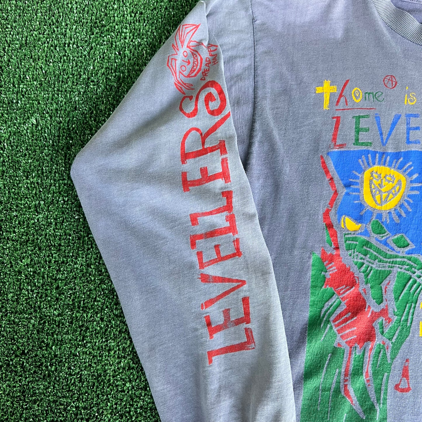 90s Levellers Anarcho-Punk Folk Rock Band Faded Purple Distressed Long Sleeve T-Shirt - Medium