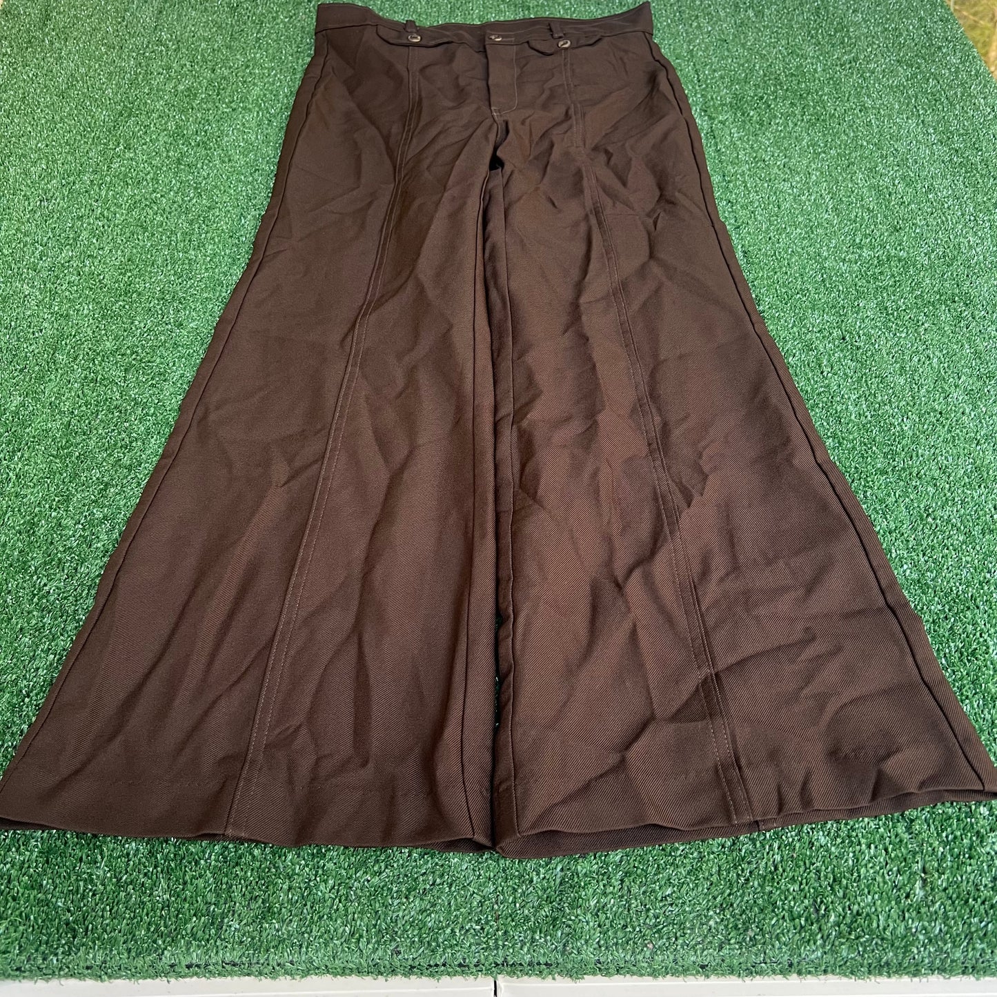 Vintage 70s Mens Polyester Disco Big Bell Bottoms Dark Brown - 33x30" 24" Openings