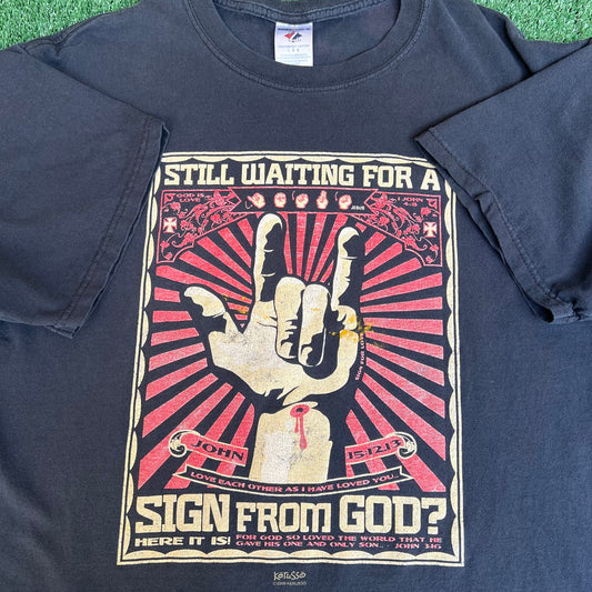 VTG Y2K Men's "Still Waiting for Sign" Jesus Marilyn Manson Black T-Shirt - Large