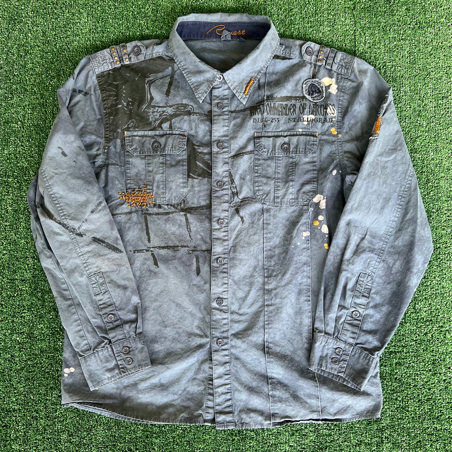 Y2K Request Commander of Darkness Skull AOP Blue Button Up Shirt - Large