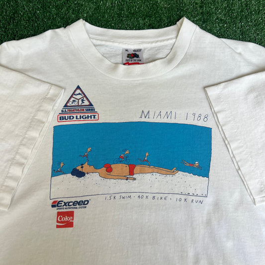 Vintage 1988 Men's Miami Bud Light Coke Triatholon Cartoon White T-Shirt - XL USA
