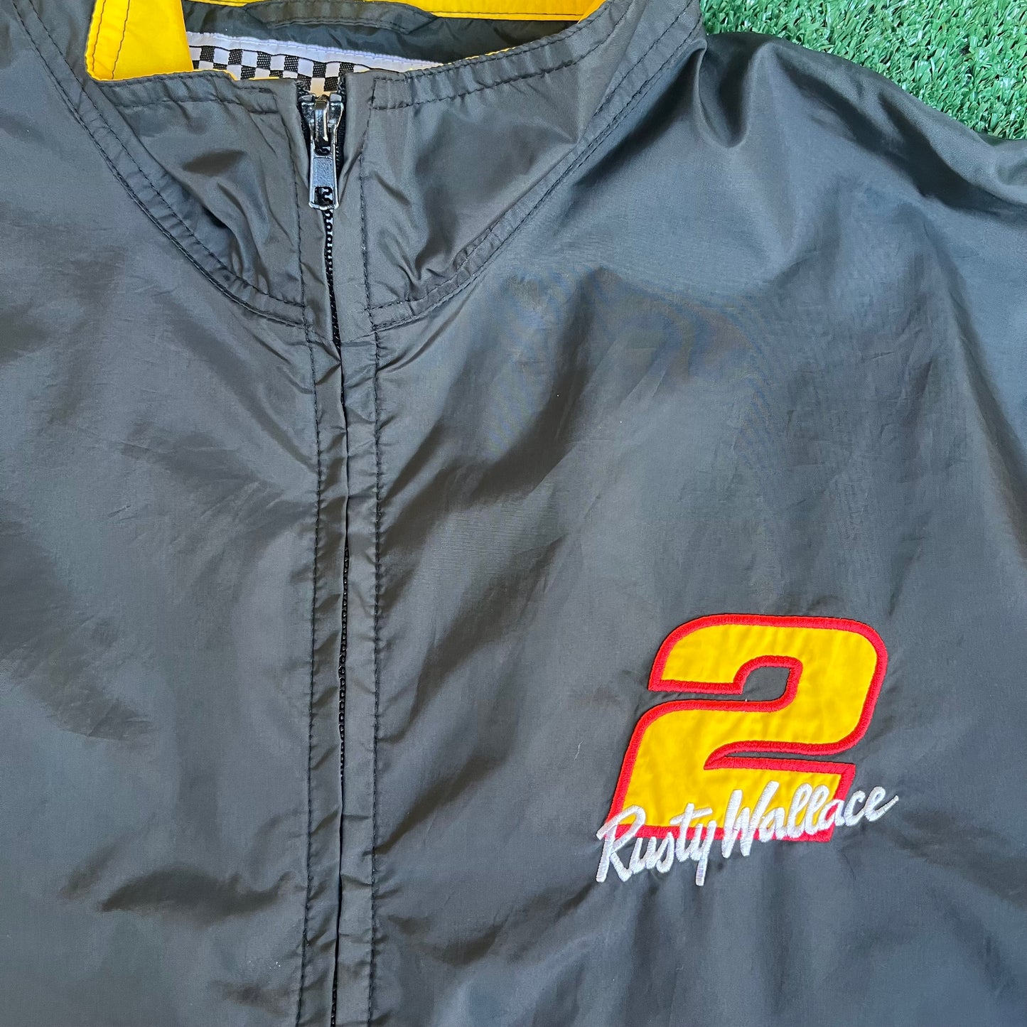 VTG 90s Nutmeg Nascar Rusty Wallace 2 Black White Yellow Colorblock Jacket - Large
