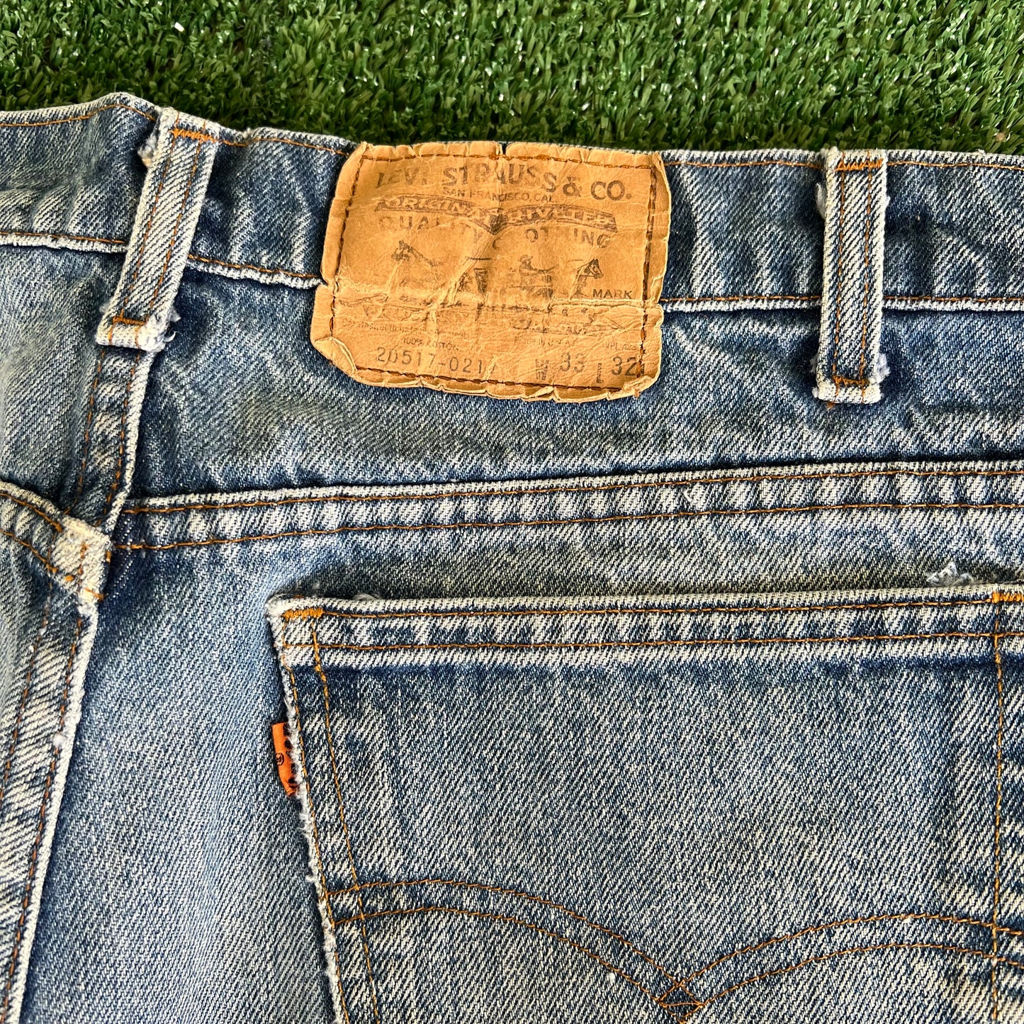 80s Levi's Orange Tab 20517-0217 Bootcut Flare Whisker Blue Jeans 33x30"