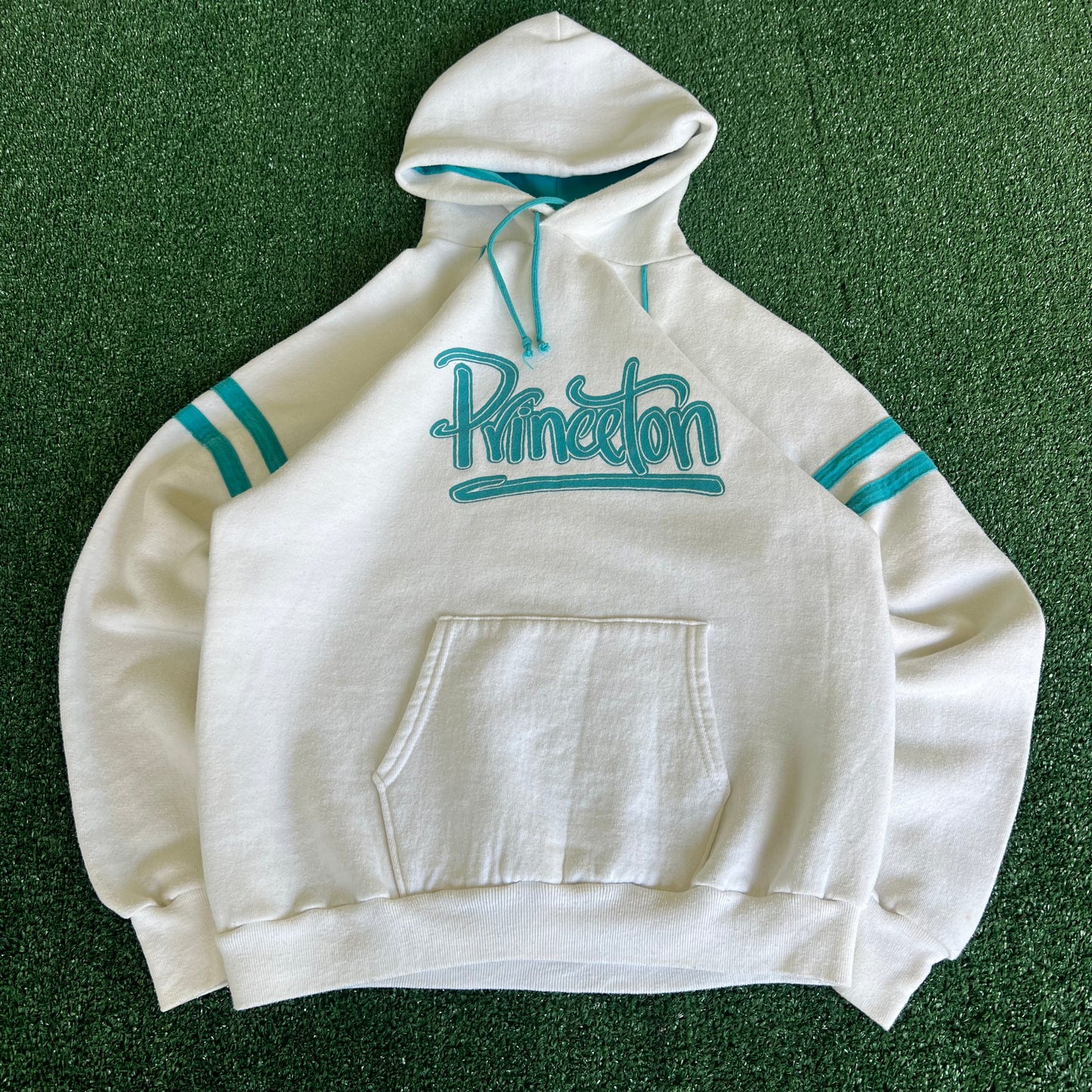 70s Velva Sheen Princeton White Baby Blue Lightweight Hoodie Large 20x24