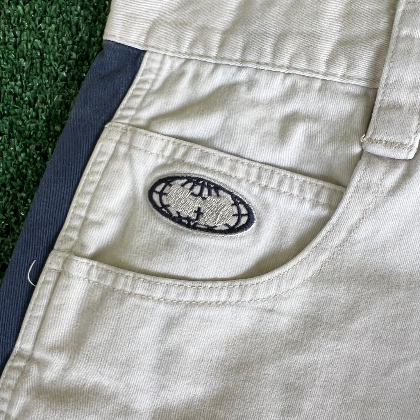 Y2K Wu Wear Distressed Baggy Light Khaki Faded Navy Striped Pants - 31x30.5" 20" Openings