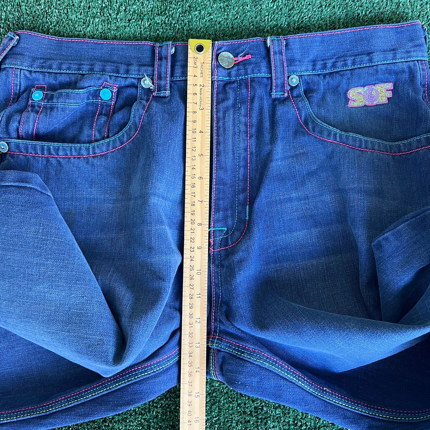 Y2K Songs Of Freedom Dark Blue Baggy Embroidered Jeans - 37x32" 20" Opening