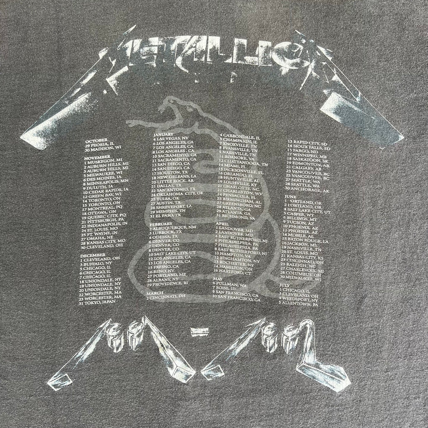 1991-1992 Metallica Band Faces Black Album Concert Tour Faded Black Smokey Gray T-Shirt - Large