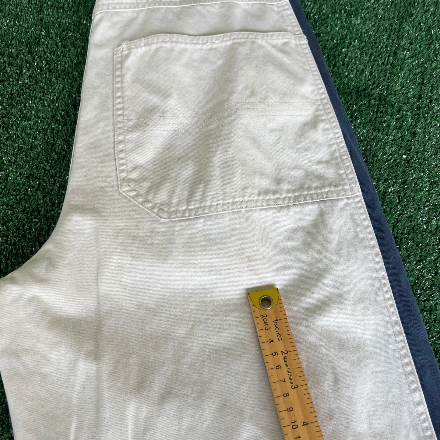 Y2K Wu Wear Distressed Baggy Light Khaki Faded Navy Striped Pants - 31x30.5" 20" Openings