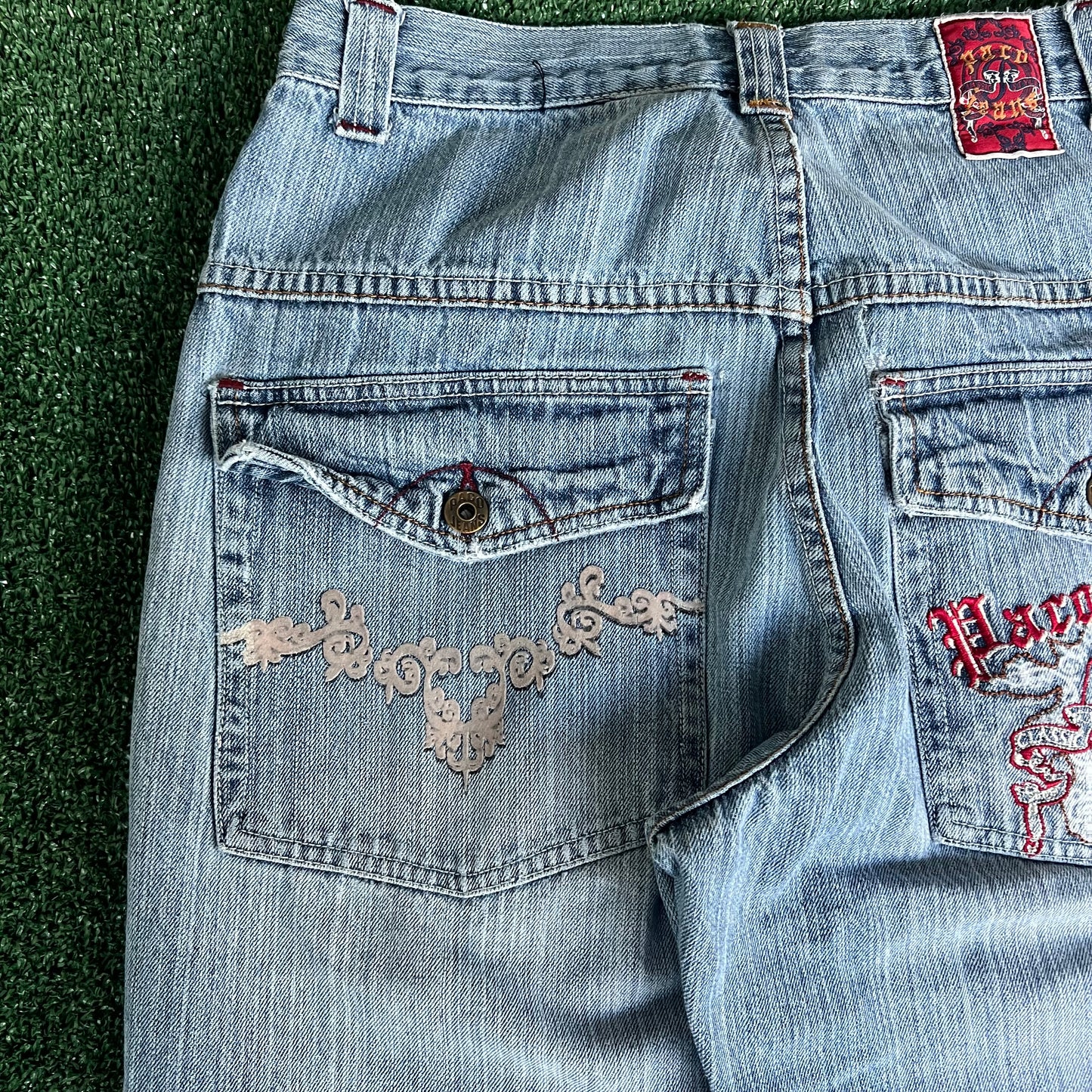 Y2K PACO Jeans Blue Tribal Embroidered Baggy Jeans 30x29.5" 19" Openings