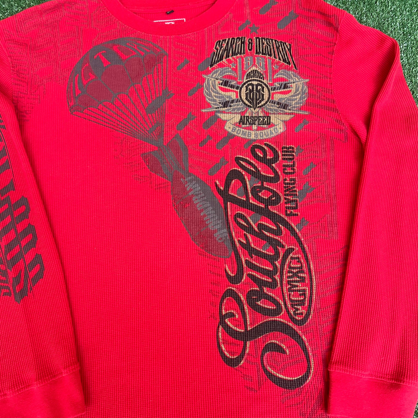 Vintage Y2K Men's Southpole Search & Destroy Red Waffle Knit Tribal Shirt - XL 24.5x32
