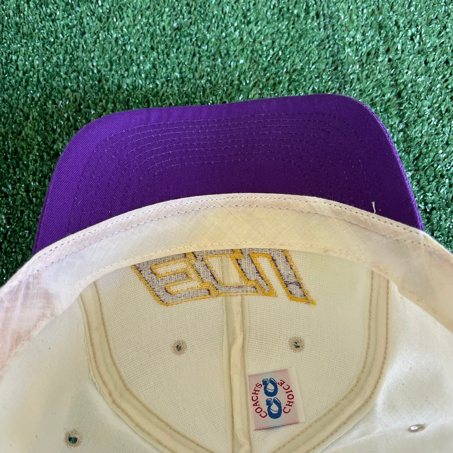 90s East Carolina University Pirates Script White Purple Snapback Hat