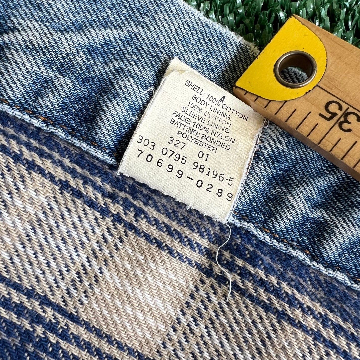 90s Levi's Type 3 Jean Trucker Jacket Plaid Lined Blue Light Wash 70699-0289 - Large