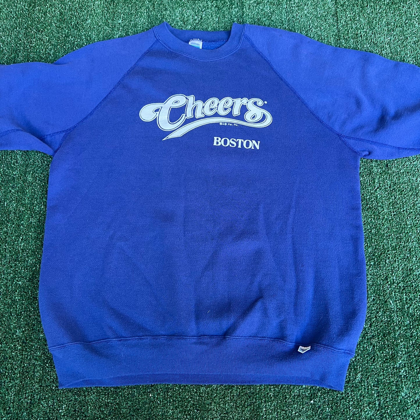 Vintage 80s Mens Cheers TV Show Boston Raglan Cut Boxy Blue Sweatshirt - XL 24x28"
