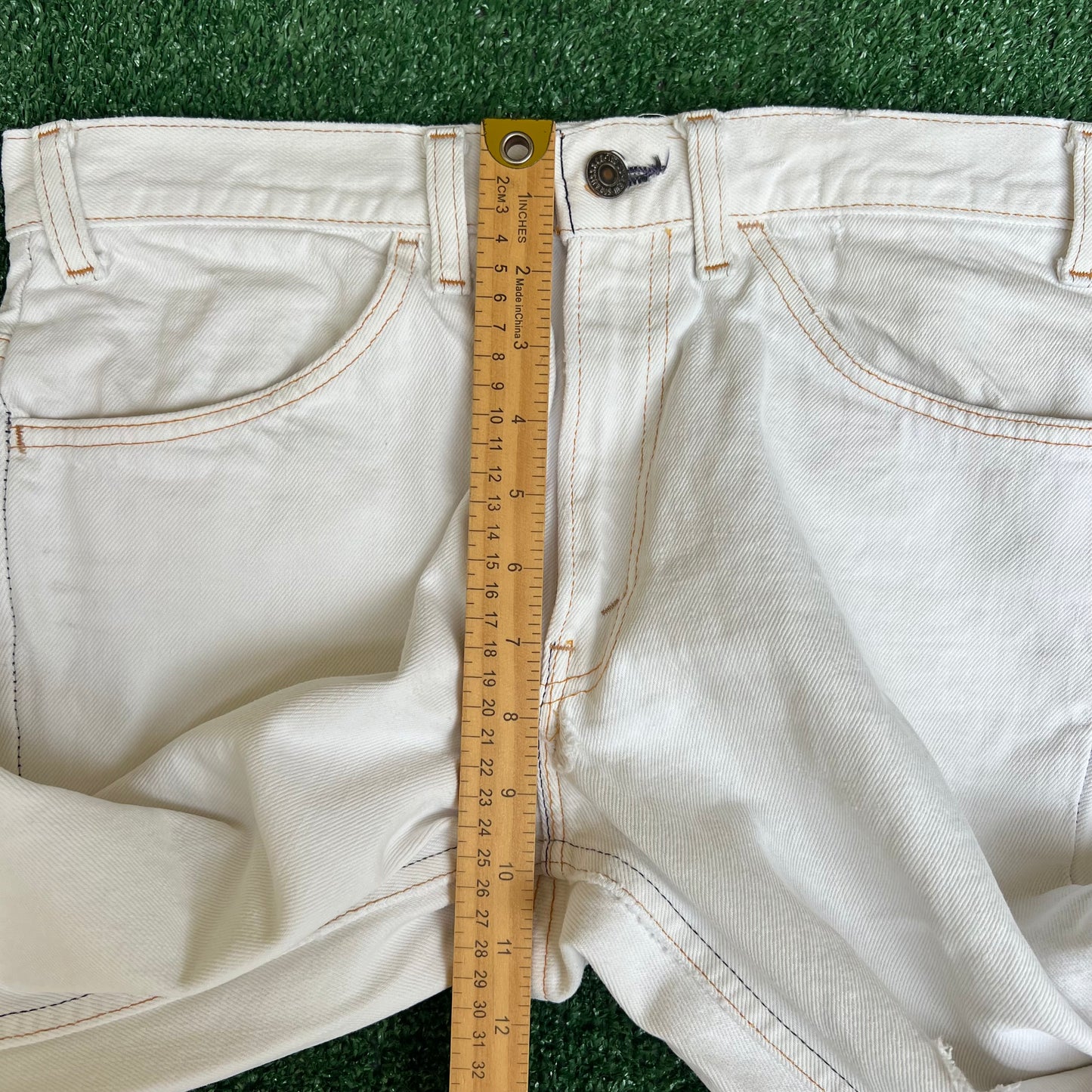 VTG 70s Levi's 684 Big Bell Bottoms Orange Tab Talon Distress White Jeans 32x31"