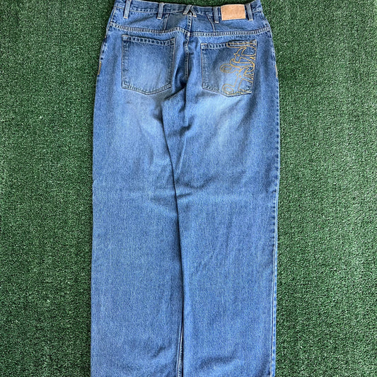 Y2K Bad Boy Records Blue Baggy Wide-Leg Jeans - 37x33.5" 20" Opening
