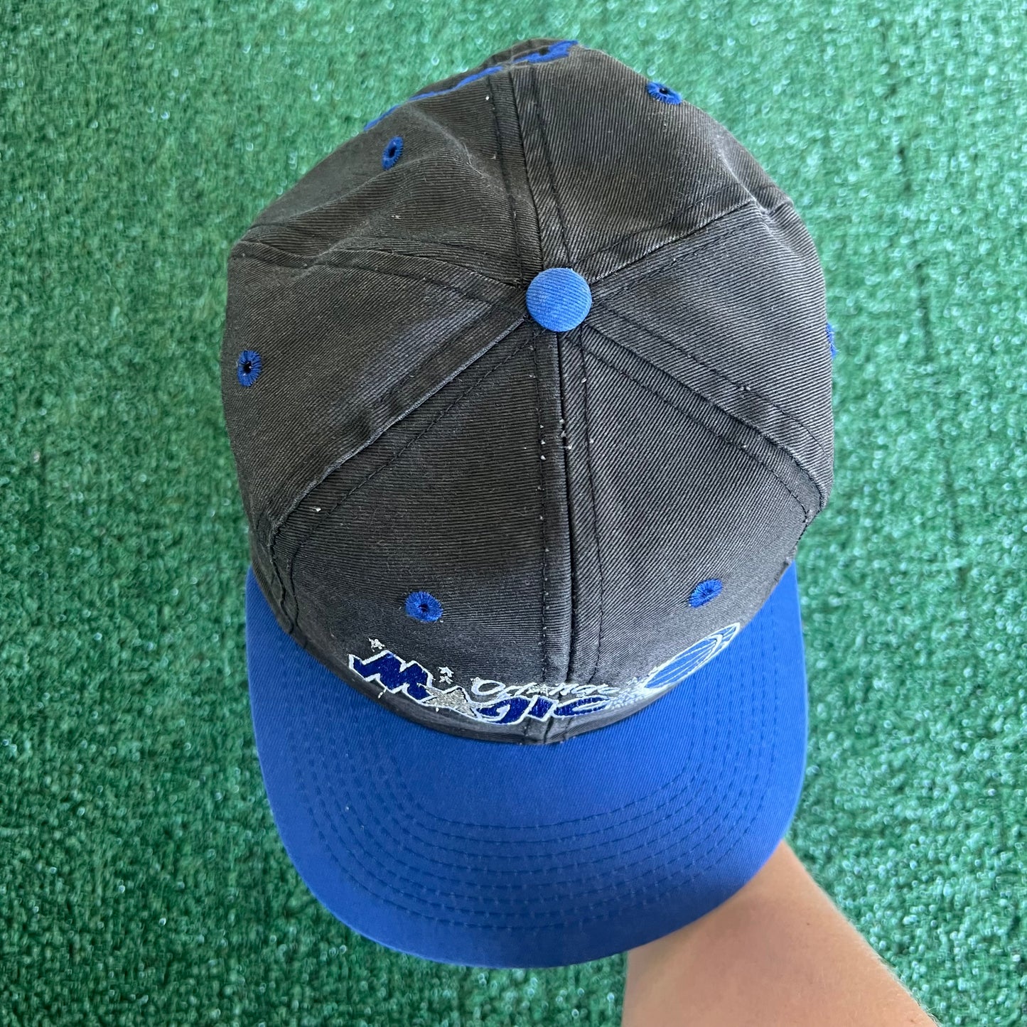 90s Logo 7 NBA Orlando Magic Script Spellout Faded Black Snapback Hat