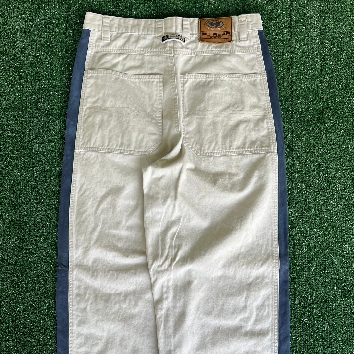 Y2K Wu Wear Distressed Baggy Light Khaki Faded Navy Striped Pants - 31x30.5" 20" Openings