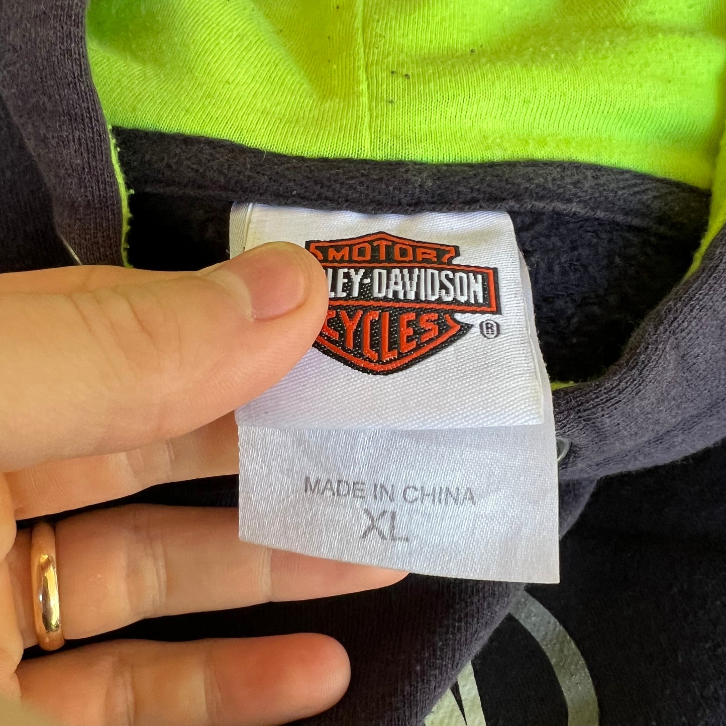 Men's Harley Davidson Heavyweight Faded Navy Navy Blue Neon Green Bay Hoodie - XL