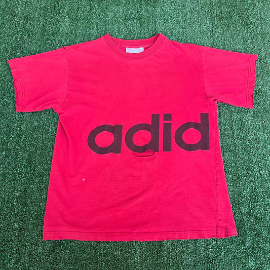 Vintage 90s Men's Adidas Red Wrap Around Print Spellout Logo Thrashed T-Shirt Medium