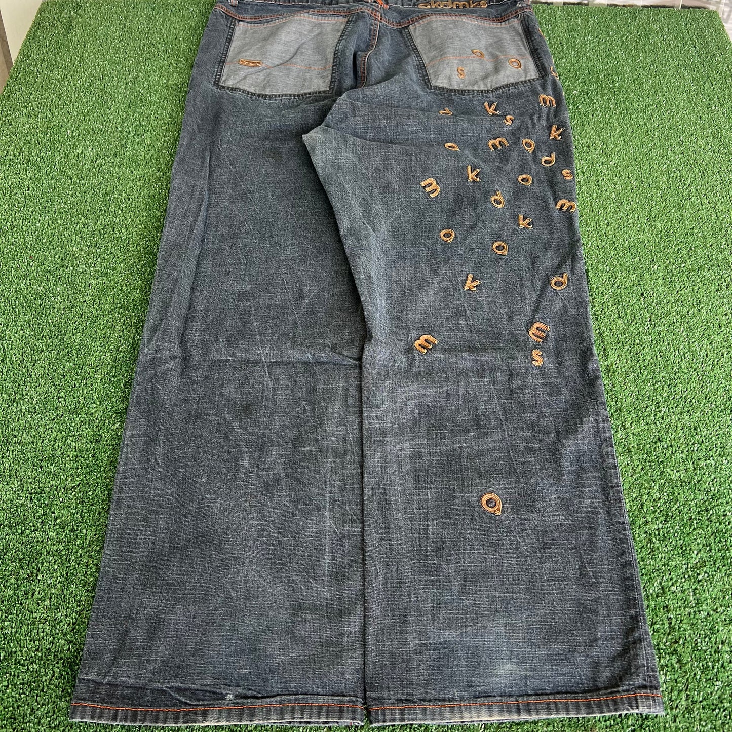 Y2K Akademiks Wide-Leg Alphabet Soup Blue Jeans 44x32" 20" Openings JNCO