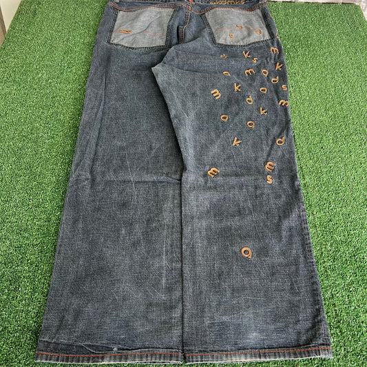 Y2K Akademiks Wide-Leg Alphabet Soup Blue Jeans 44x32" 20" Openings JNCO