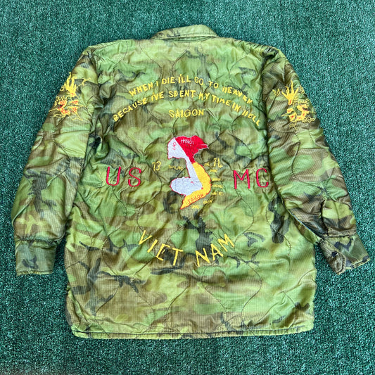 Vintage 70s USMC Saigon Vietnam War Souvenir Full Zip Camouflage Jacket - Medium