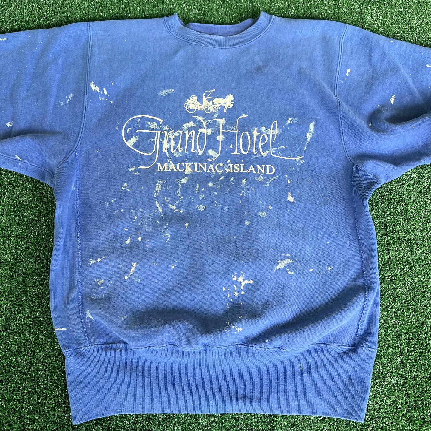 90s Champion Reverse Weave Grand Hotel Mackinac Island Blue Paint Splatter Sweatshirt - Large