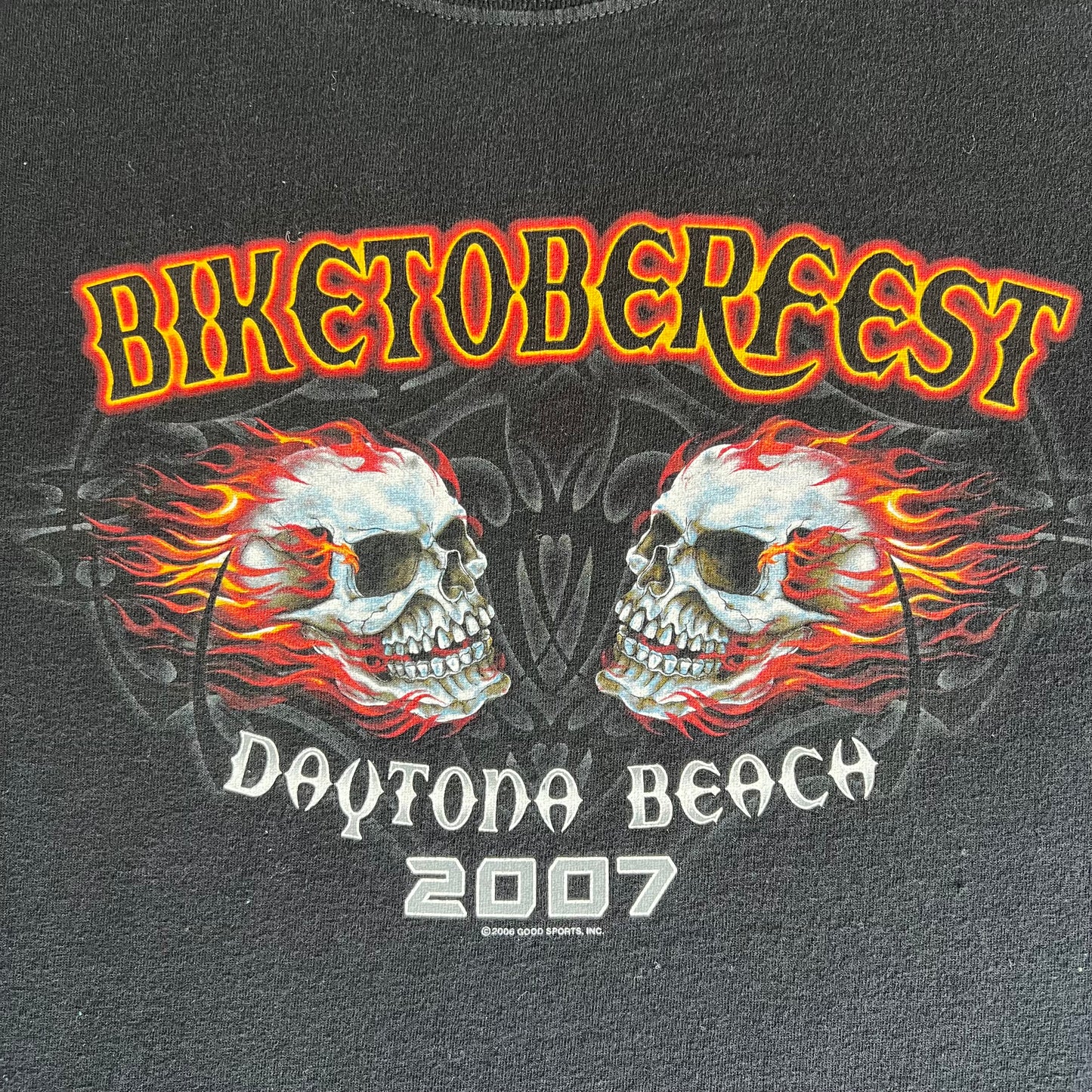 2007 Biketoberfest Tribal Flaming Skull Faded Black T-Shirt - Large