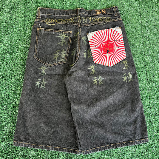 Y2K Brooklyn Express Rising Sun Baggy Black Jean Shorts - 34x14.5"
