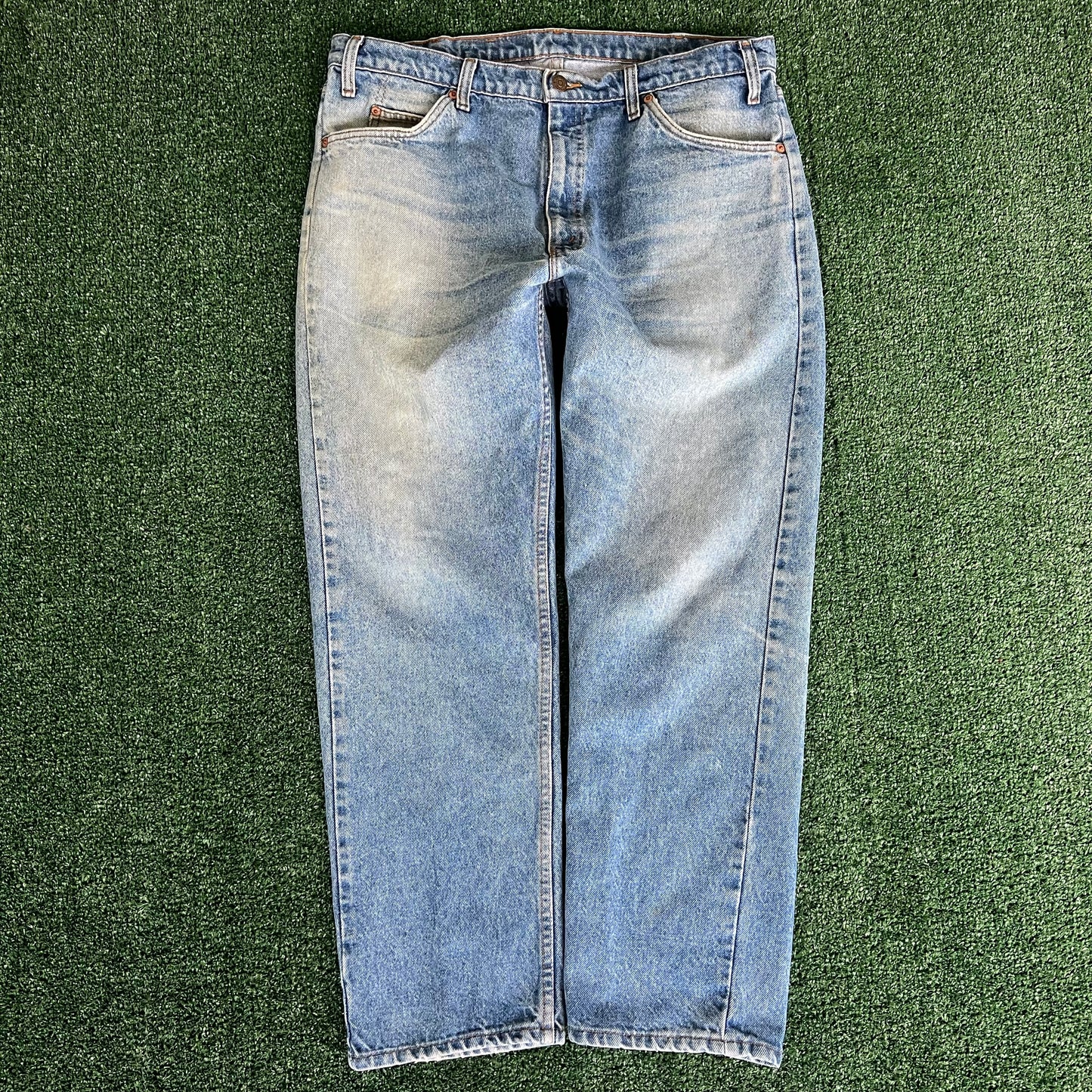 80s Levi's 505 Orange Tab Straight Leg Center Patch Blue Jeans - 36x29"